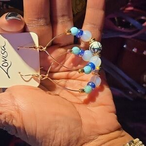 Beaded Blue Ocean Oval Earrings NWT